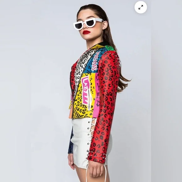 AZALEA WANG Studded Moto Jacket, Wonka Colors Rock Star Game Moto Jacket Sz: XL - Picture 4 of 16